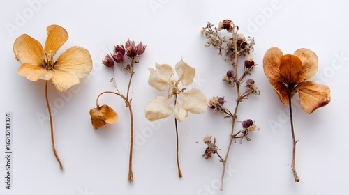 Dried desert flower petals brittle stems arranged on white background suitable for arid region flora illustrations botanical research and nature contrast visuals