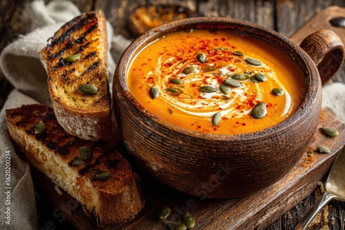 A hearty bowl of pumpkin soup with grilled bread, garnished with seeds and chili, sitting atop a rustic wooden cutting board, ready to be enjoyed on a cold winter day.