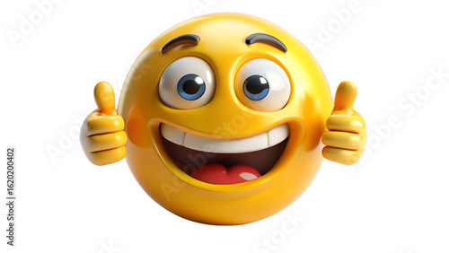 Photo of a cheerful yellow emoji face with a broad smile and two thumbs up, conveying happiness and satisfaction, isolated on transparent background