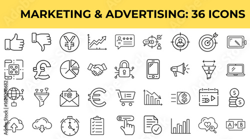 Marketing and advertising set icons on yellow background  