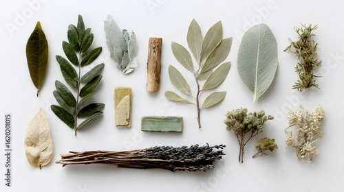 Flat lay of desert herbs traditional healing plants on a white background for holistic medicine visuals organic product packaging and ethnobotanical guides
