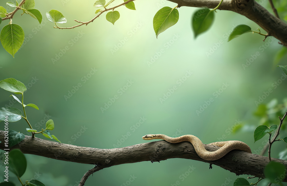 Fototapeta premium Yellow snake slithers on tree branch against soft green bokeh background. Image represents nature, wildlife, growth, with elements of time, planning suggested by calendar theme. Serene backdrop for