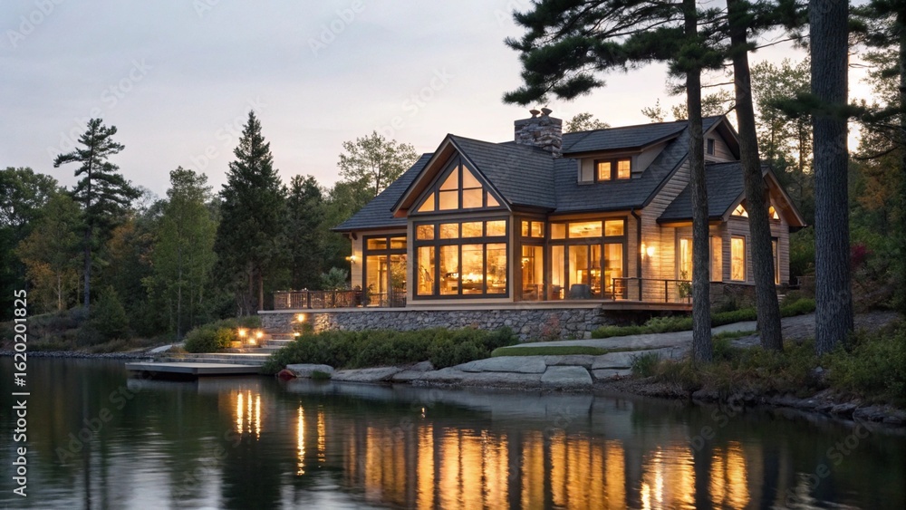 Fototapeta premium Luxurious lakeside retreat illuminated at dusk, featuring a modern architectural design with expansive windows offering stunning water views