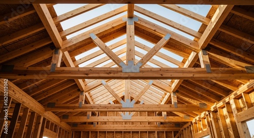 Interior View of Wooden House Frame Construction with Exposed Trusses and Sky