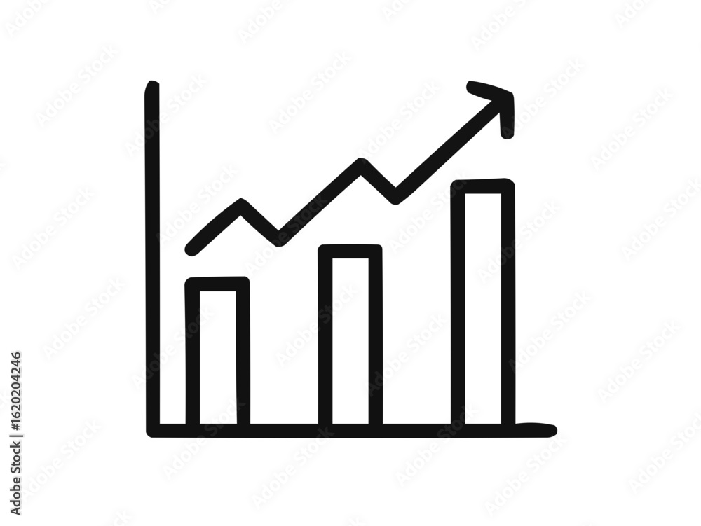 Hand drawn graph showing upward trend with vertical and horizontal axes and three bars indicating growth Hand drawn graph showing upward trend with vertical and horizontal axes and three bars indicating growth