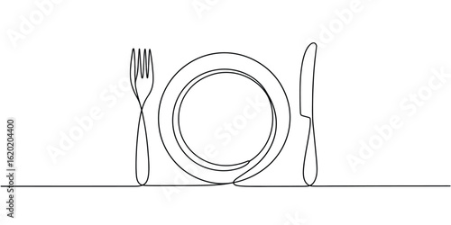 Minimalist single line drawing of a plate with fork and knife