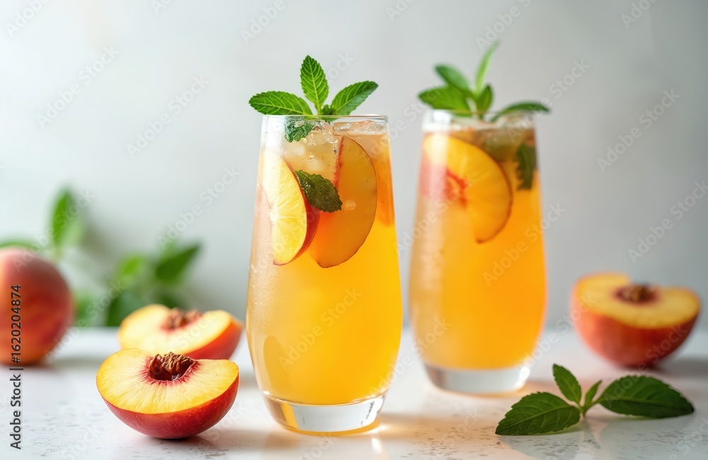 Fototapeta premium Two refreshing glasses filled with peach iced tea cocktail, garnished with mint, peach slices. Whole, halved peaches surround drinks on light table, perfect for summer picnics, detox diets, healthy
