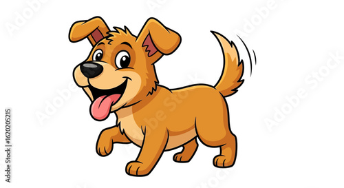 Cartoon dog illustration. Cheerful orange puppy with wagging tail and happy expression, standing and walking pose with friendly demeanor. Animal mascot concept. Vector illustration.
