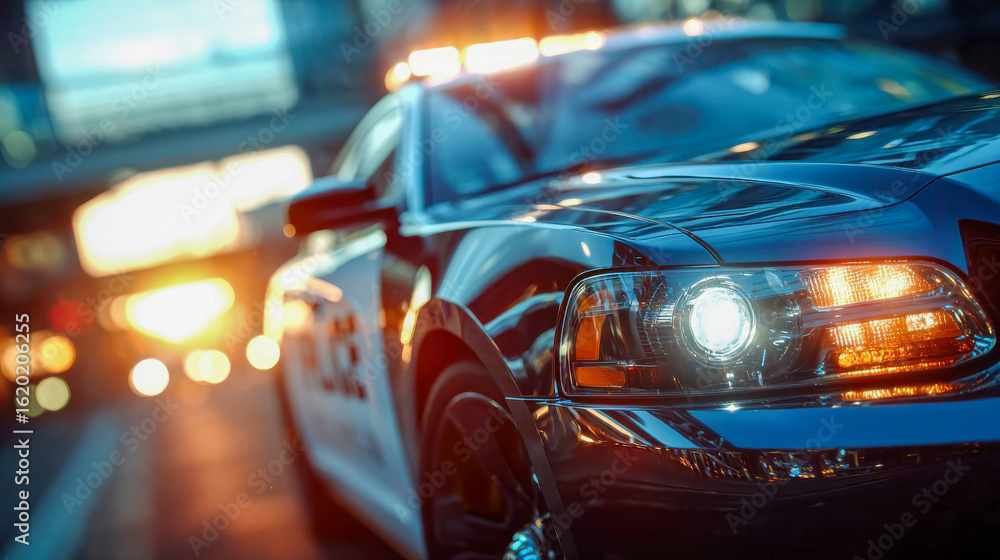 Close-up of a modern police car with flashing lights, reflecting urban buildings at sunset Close-up of a modern police car with flashing lights, reflecting urban buildings at sunset