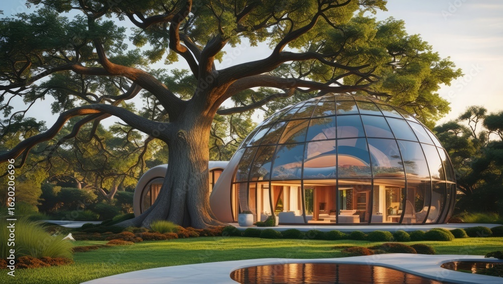 Obraz premium Futuristic Glass Dome Home Nestled Under Ancient Tree Canopy