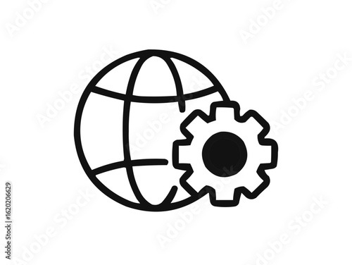 Illustration of a globe with meridians and parallels next to a gear or cogwheel in black and white
