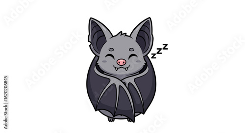 Cute bat cartoon illustration. Adorable sleeping bat with folded wings, closed eyes, and comic 'zzz' sign. Fun wildlife and nocturnal animal concept. Vector graphic.
