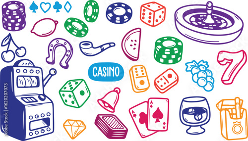 Casino Game Icons – Dice, Cards, Chips, Gambling, Poker, Colorful, Playful, Vector, Outline, Illustration