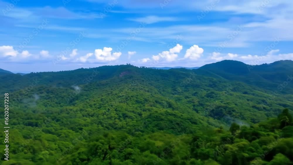 Lush Green Forest Landscape with Rolling Hills and Blue Sky, Aerial Shot Lush Green Forest Landscape with Rolling Hills and Blue Sky, Aerial Shot