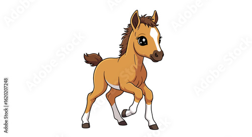 Cute cartoon foal illustration. Adorable young horse with big sparkling eyes, brown fur, white socks, and a playful pose on a white background. Animal character concept.