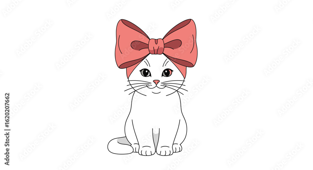 Cute cat illustration. White kitten with a red bow sitting calmly, isolated on a clean background. Adorable pet concept for children's designs, greeting cards, apparel prints. Vector graphic. Cute cat illustration. White kitten with a red bow sitting calmly, isolated on a clean background. Adorable pet concept for children's designs, greeting cards, apparel prints. Vector graphic.
