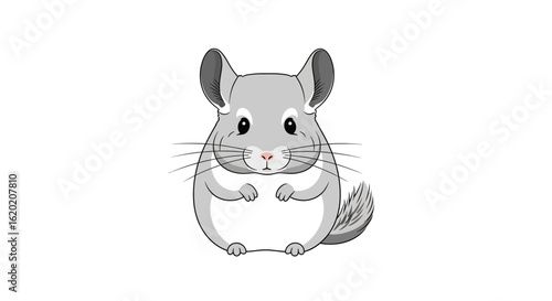 Cute chinchilla illustration. Adorable gray cartoon rodent with large ears, expressive eyes, bushy tail, and tiny paws sitting on white background. Small animal character design concept.