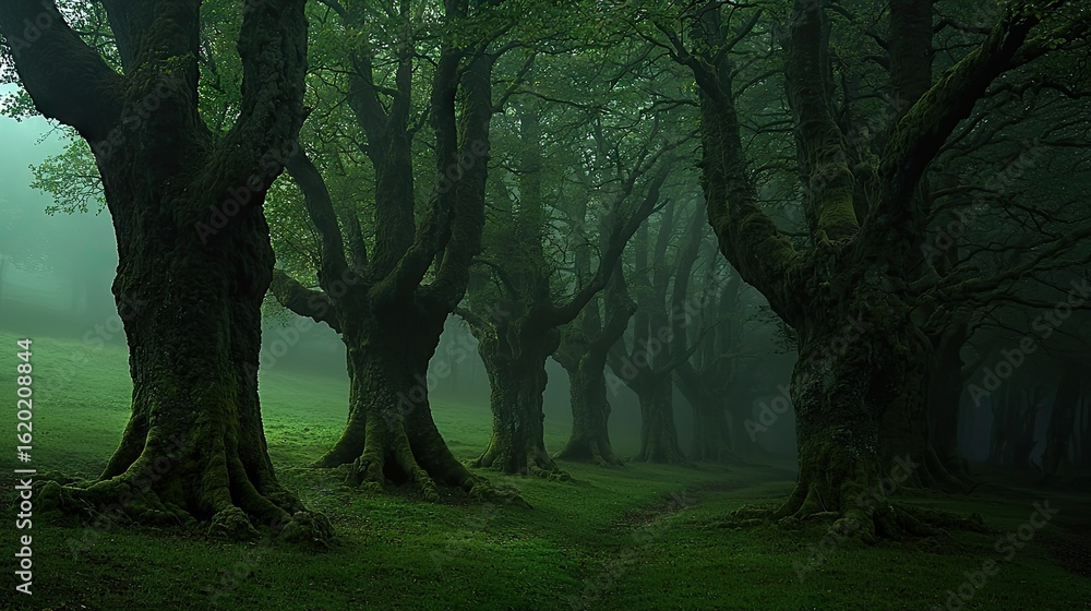 Fototapeta premium A mystical, misty forest path lined with ancient trees.
