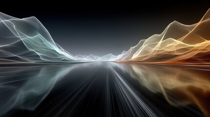 Leinwandbilder Grau Abstract neon digital landscape with flowing lines and geometric shapes in fiber-optic tunnel. Dynamic cyberspace background conveying speed and movement.     © maolie