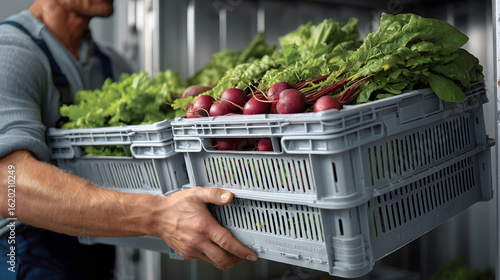 crates of organic vegetables being loaded into walk-in cooler, side angle