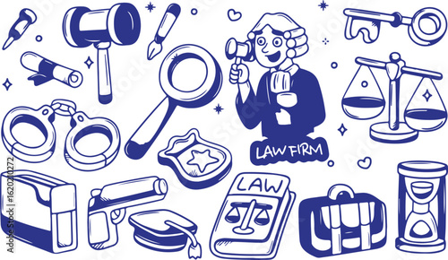  Law and Justice Icon Doodle Set – Lawyer, Gavel, Scale, Court, Law Book, Magnifier, Legal Document, Vector, Crime, Justice, Case, Hand-Drawn
