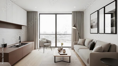 Wallpaper Mural Modern Apartment Interior with Minimalist Design and City View in Neutral Color Palette Torontodigital.ca