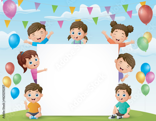 Happy kids holding a blank sign on the birthday background