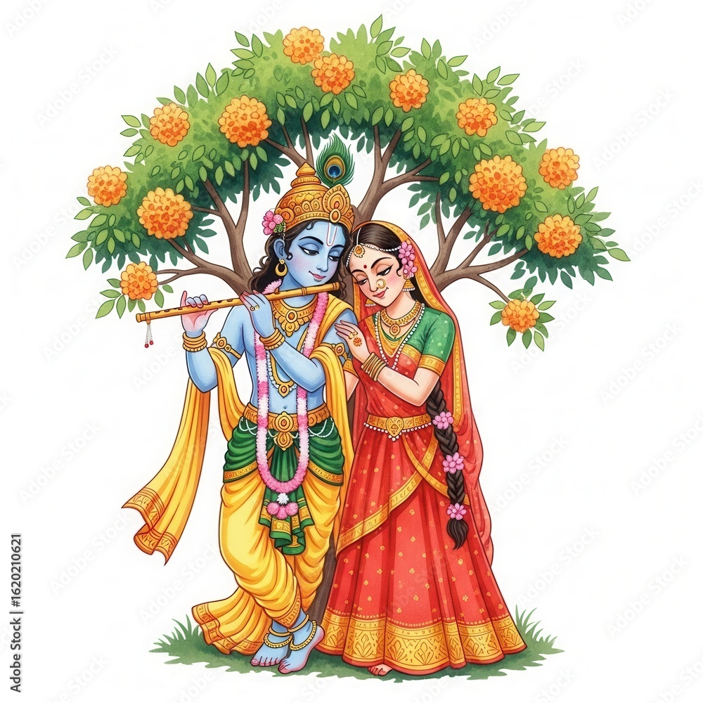 Fototapeta premium Radha Krishna under a fruit tree, symbolizing divine love and abundance in nature.