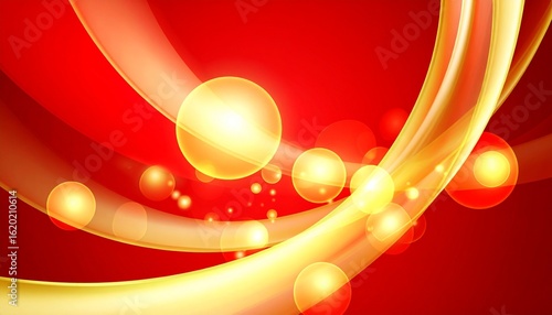 Swirls of red and gold gradients and bright bokeh effects evoke the warmth of a luxurious Christmas in an abstract, modern festive scene.