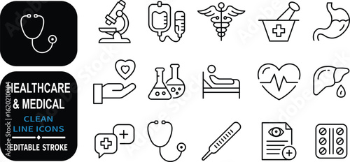 Clean outline healthcare and medical icons for graphic design projects