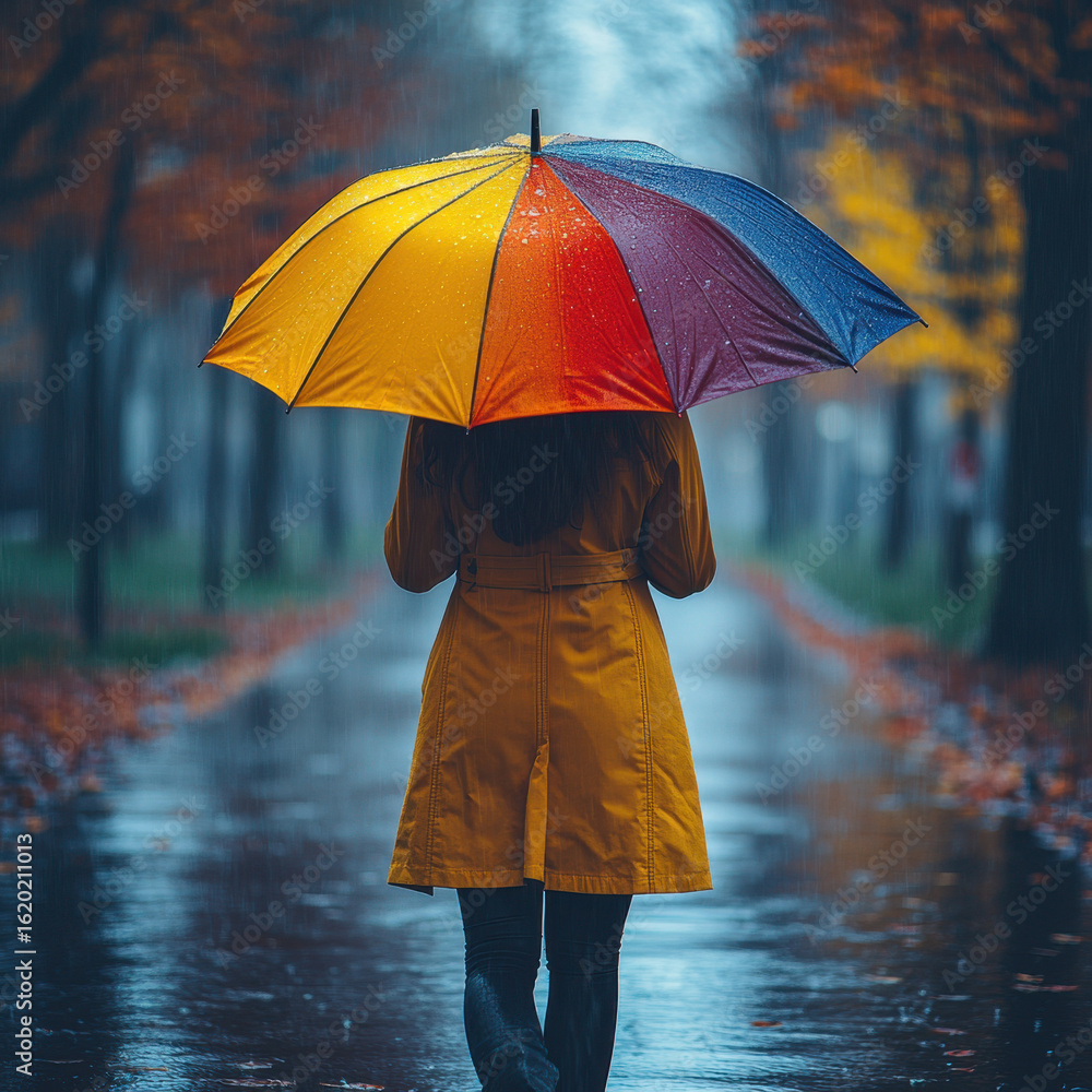 Obraz premium Woman walking in rain with umbrella.