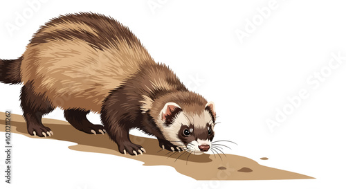 Wildlife animal illustration. Realistic depiction of a European polecat sniffing the ground for scent trails on a white background. Natural behavior concept. Vector artwork.