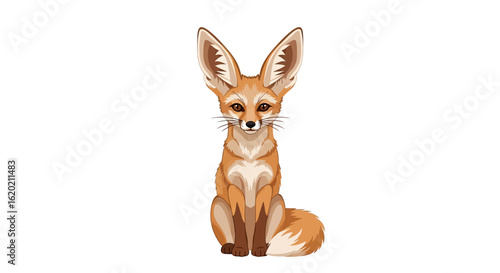 Fennec fox illustration. Detailed drawing of a sitting fennec fox with large ears, bushy tail, and soft beige and brown fur. Wildlife and desert animal concept. Vector graphic.