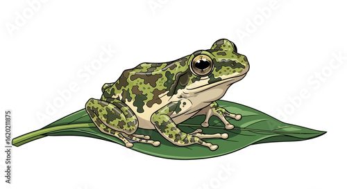 Wildlife illustration set. Realistic depiction of a green and brown camouflaged frog sitting on a tropical green leaf, showcasing amphibian features and nature concepts. Vector graphic.