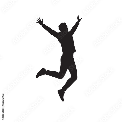 Silhouette of a man jumping in the air with arms raised, isolated on white background, symbolizing joy and success