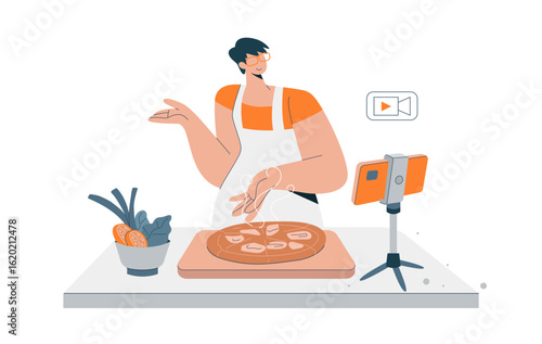  Young Woman Live Streaming Cooking from Home Studio. Food Vlog and Content Creation Vector