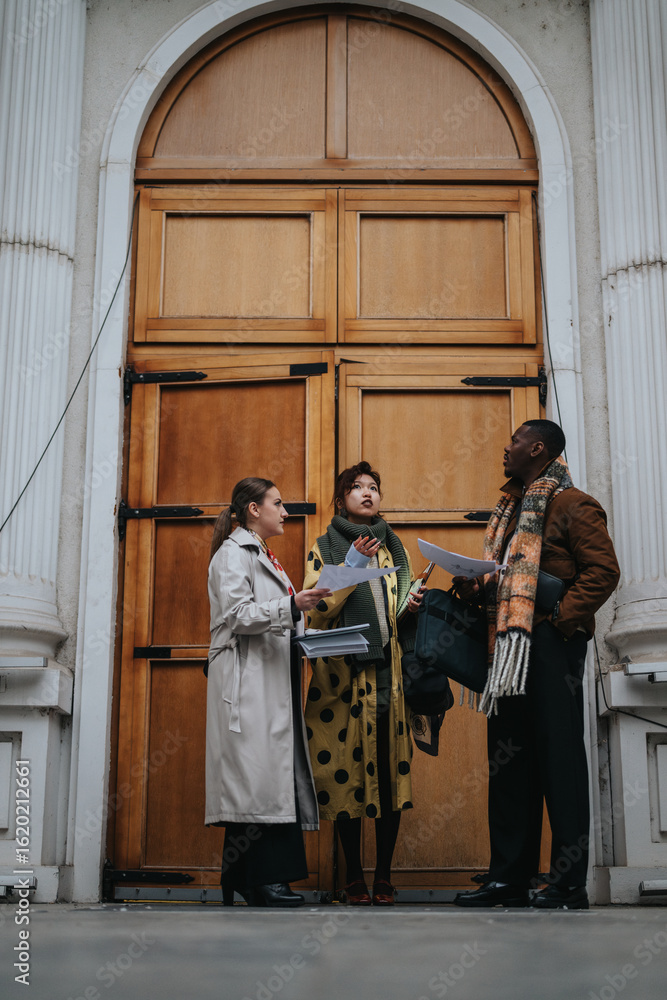 custom made wallpaper toronto digitalThree individuals standing in a discussion, holding documents, outside a historical building's wooden entrance, symbolizing teamwork and consultation.