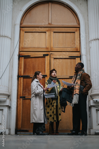 Wallpaper Mural Three individuals standing in a discussion, holding documents, outside a historical building's wooden entrance, symbolizing teamwork and consultation. Torontodigital.ca
