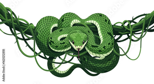 Snake illustration. Green snake with intricate scale detail coiled on vine surrounded by twisting vegetation. Wildlife and reptile concept artwork with natural coloring. Vector illustration.