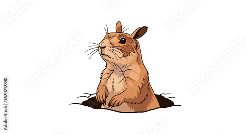 Ground squirrel illustration. Detailed artwork of an alert brown squirrel emerging from a burrow with realistic fur and facial expressions. Wildlife and nature theme. Vector drawing.