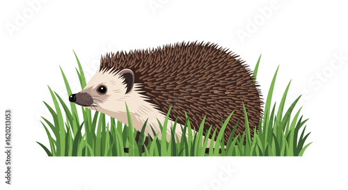 Hedgehog illustration. Detailed side view of a spiny hedgehog walking through grass, showcasing finely textured quills and realistic shading. Wildlife and nature concept.