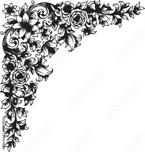 Elaborate Floral Corner Design A Symphony of Blossoms and Tendrils in Ornate Black and White for Elegant Invitations