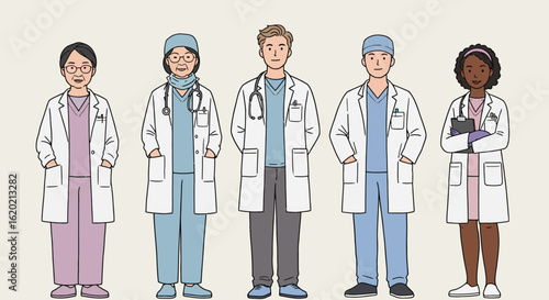 Diverse Medical Professionals Team in Modern Flat Line Art Illustration – A Healthcare Workforce Concept