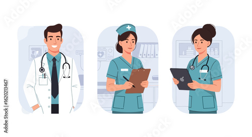 Collection of professional medical staff characters, featuring a male doctor and female nurses in uniform for hospital or clinic concepts.