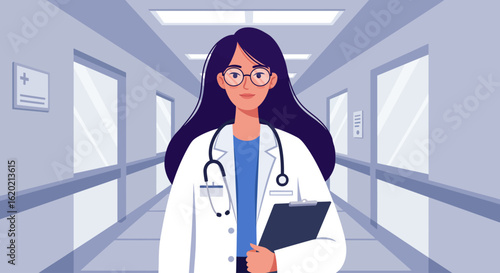 Professional female doctor with a stethoscope and clipboard stands in a modern hospital corridor. Healthcare and medicine vector concept.