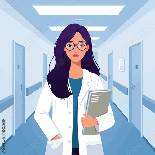 Female Doctor in Hospital Corridor