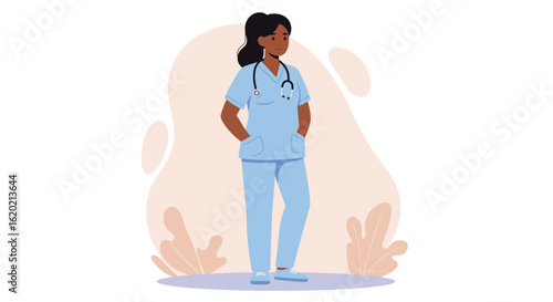 African American nurse or doctor character standing in blue uniform. Professional healthcare female practitioner illustration.