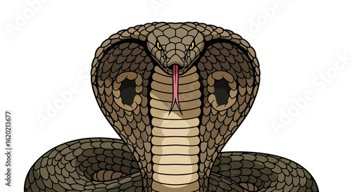 King cobra illustration. Detailed and realistic depiction of a venomous snake with flared hood, intricate scales, and extended tongue. Wildlife and reptile concept. Vector graphic.