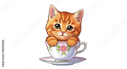 Cute kitten illustration. Adorable orange tabby cat with big eyes sitting inside a floral teacup with saucer. Charming pet design for children's decor or whimsical products.