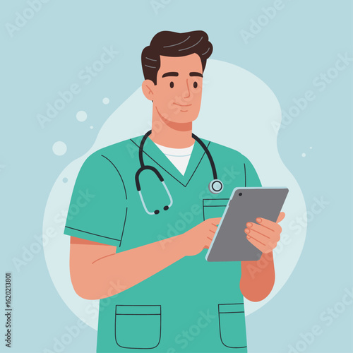 Smiling male nurse in scrubs holding a tablet, professional medical image.
